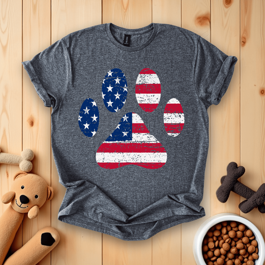 Dark Heather / S American Flag Dog Paw T-Shirt