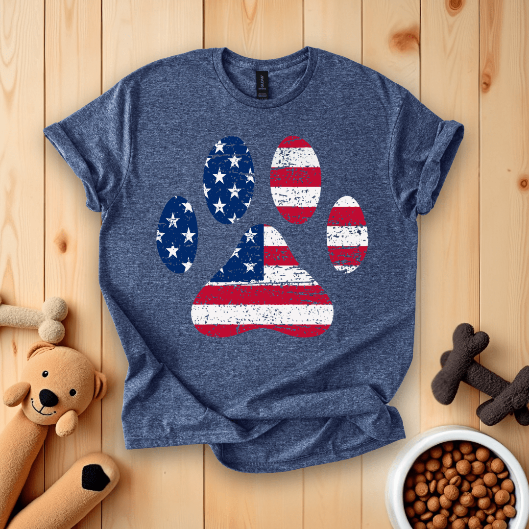 Heather Navy / S American Flag Dog Paw T-Shirt