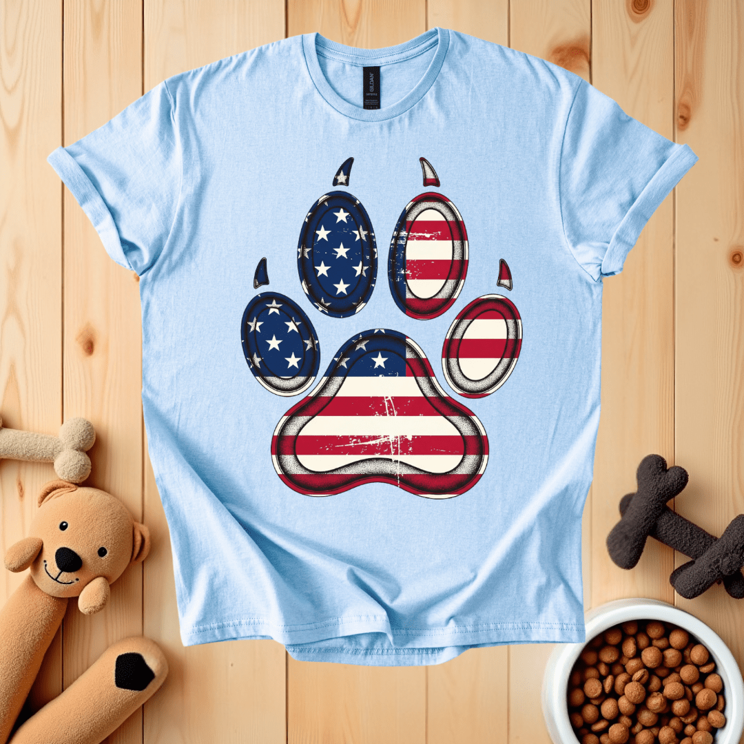 Light Blue / S American Flag Dog Paw T-Shirt