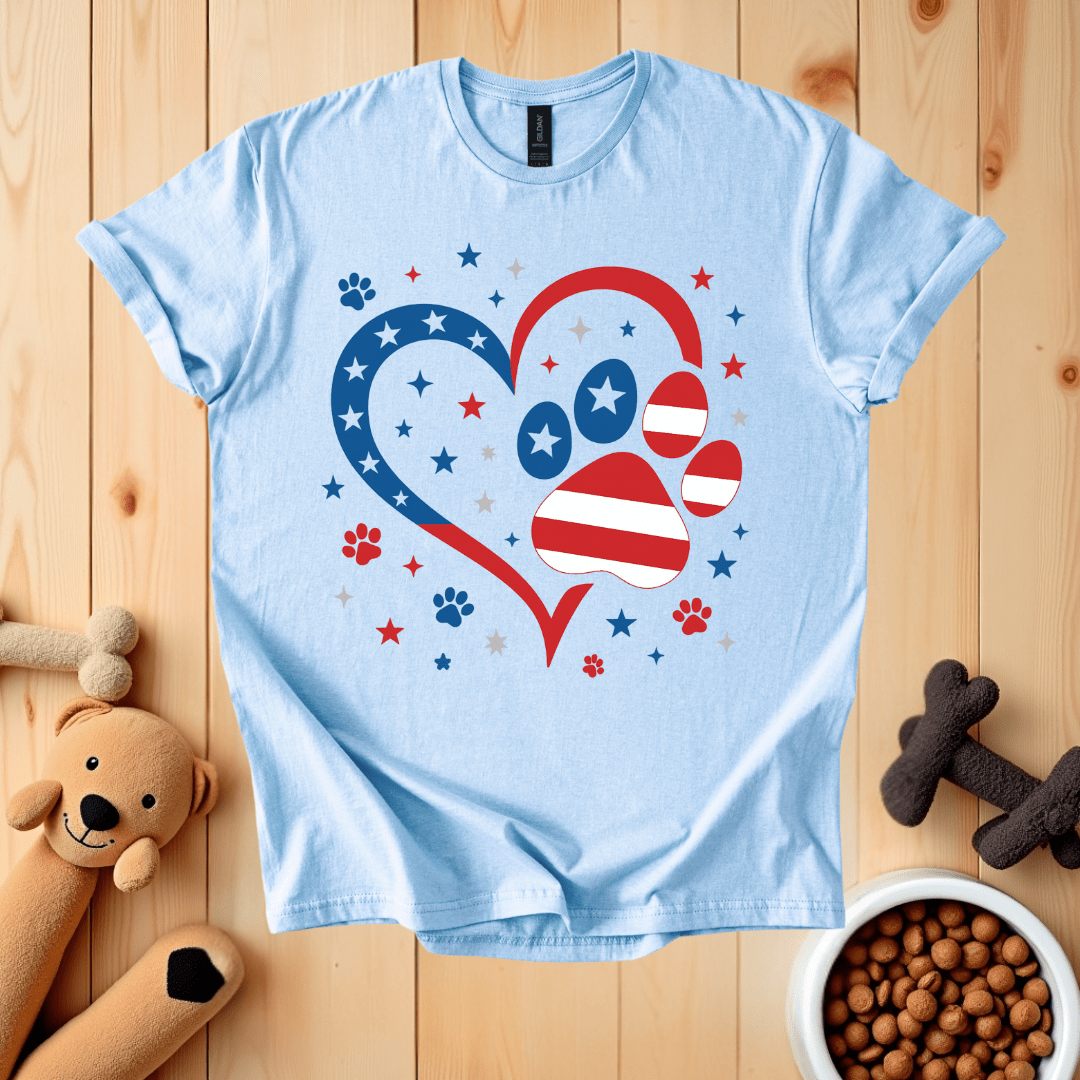 Light Blue / S American Flag Heart Dog Paw T-Shirt