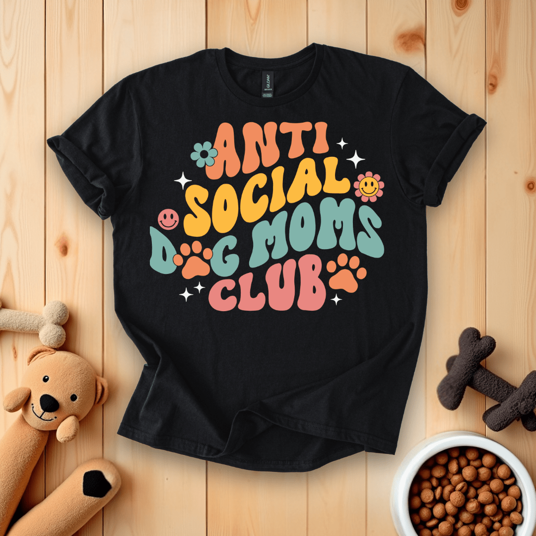 Black / S Anti-Social Dog Moms Club Groovy Retro T-Shirt