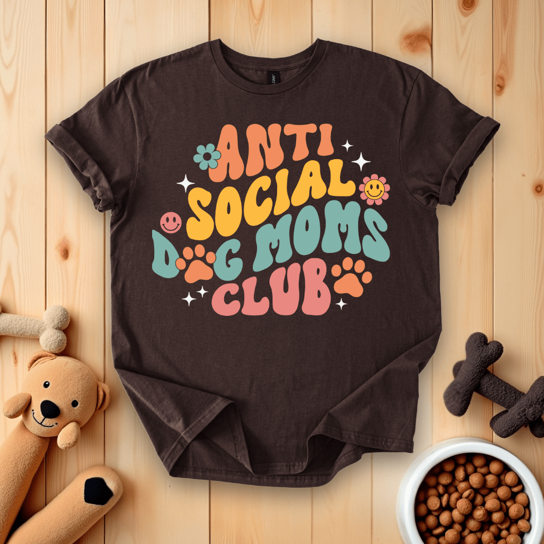 Dark Chocolate / S Anti-Social Dog Moms Club Groovy Retro T-Shirt