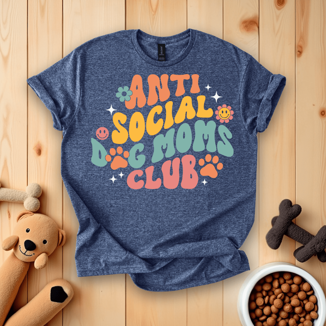 Heather Navy / S Anti-Social Dog Moms Club Groovy Retro T-Shirt