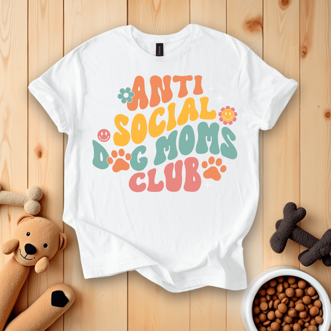 White / S Anti-Social Dog Moms Club Groovy Retro T-Shirt