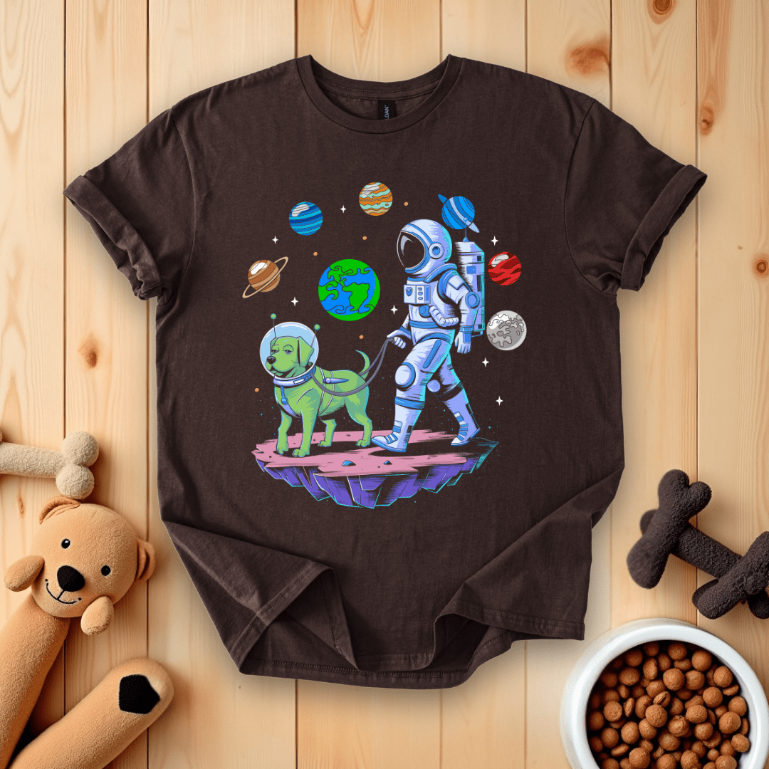 Dark Chocolate / S Astronaut Walking Dog in Space T-Shirt