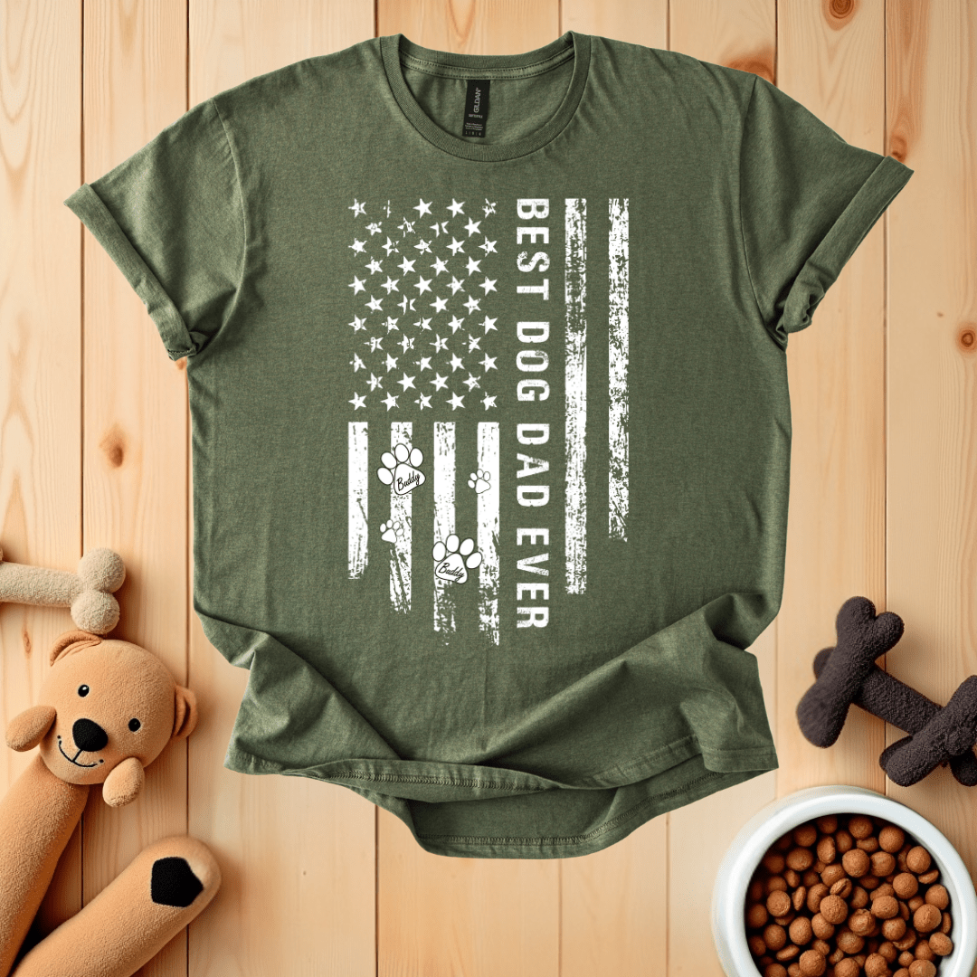 Military Green / S Best Dog Dad Ever American Flag T-Shirt