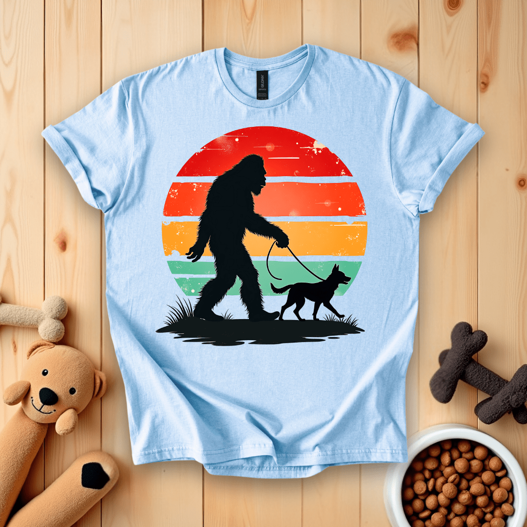 Light Blue / S Bigfoot Walking A Dog T-Shirt