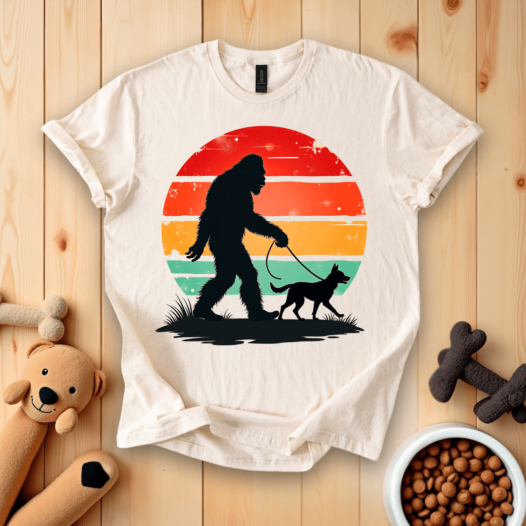 Natural / S Bigfoot Walking A Dog T-Shirt