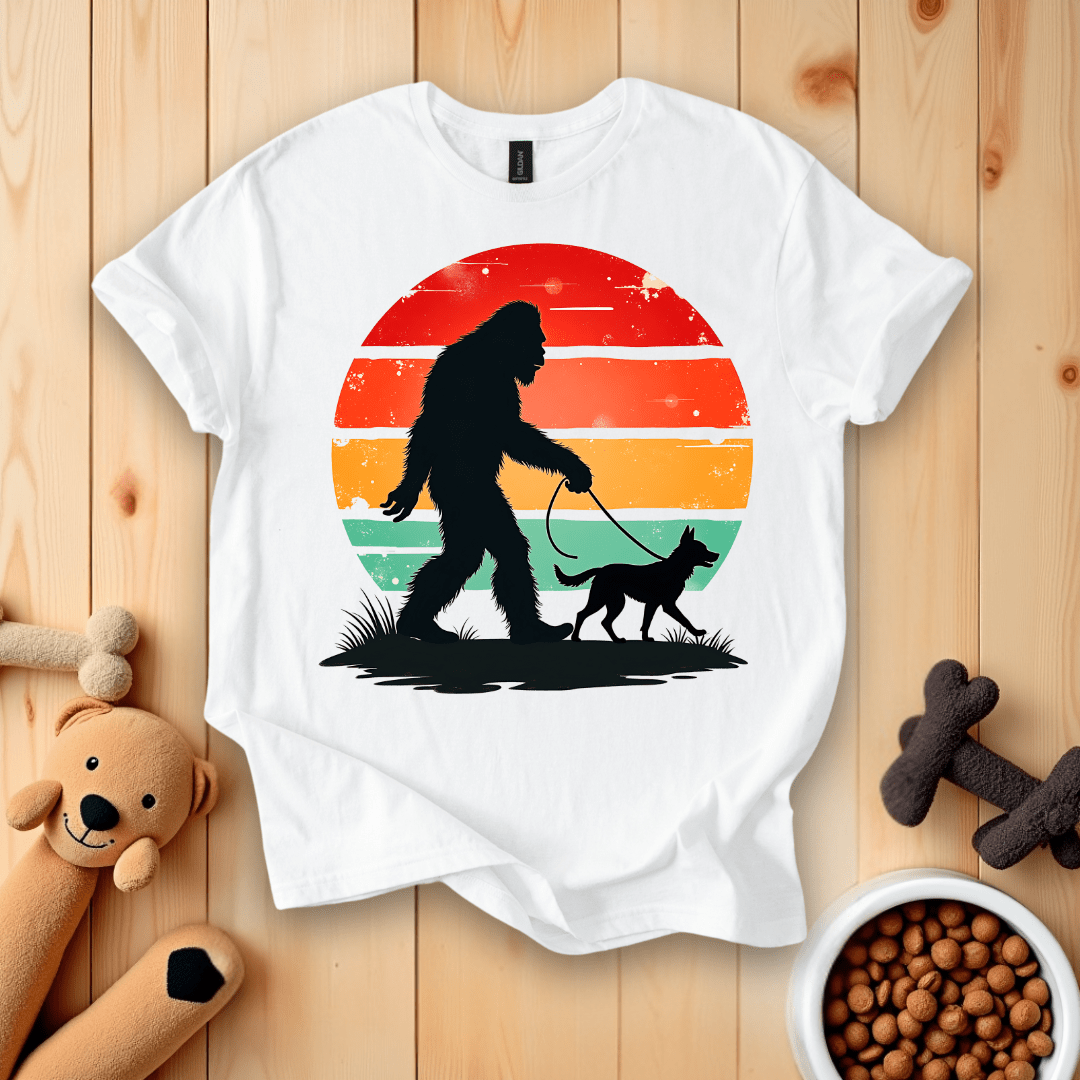 White / S Bigfoot Walking A Dog T-Shirt
