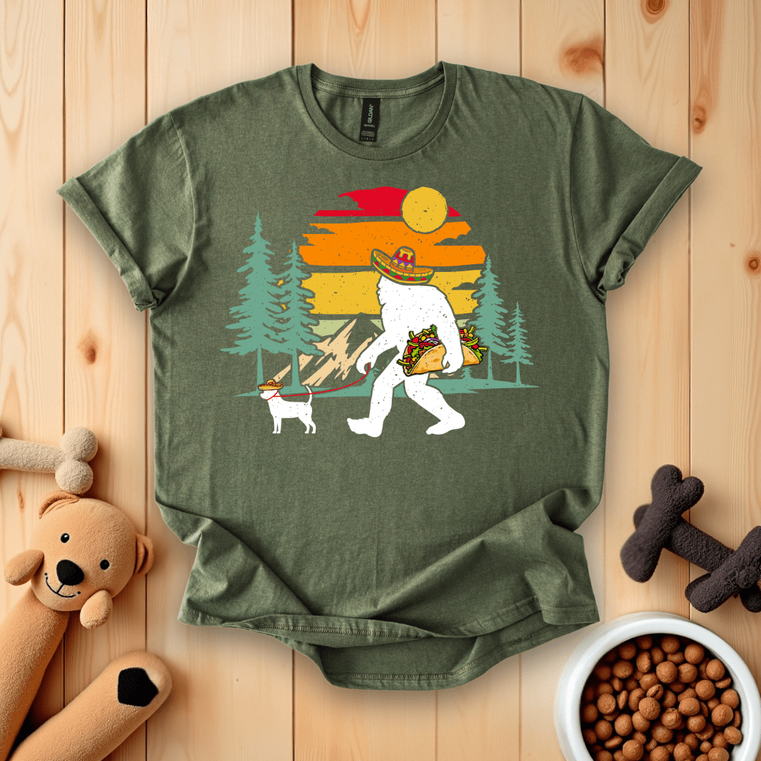 Military Green / S Bigfoot Walking Dog Cinco De Mayo T-Shirt