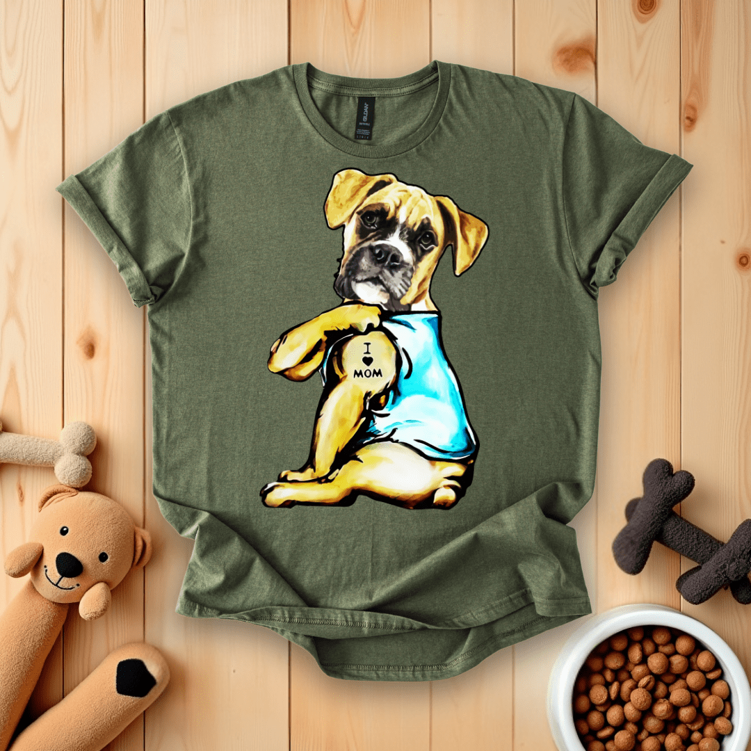 Military Green / S Boxer Dog I Love Mom T-Shirt