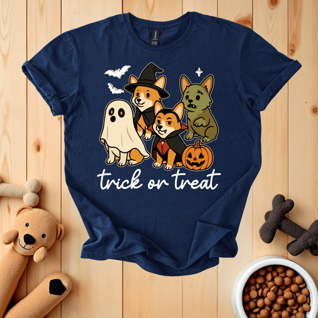 Navy / S Corgi Dogs Halloween T-Shirt