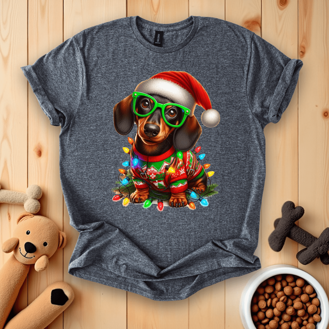 Dark Heather / S Dachshund Dog Christmas T-Shirt