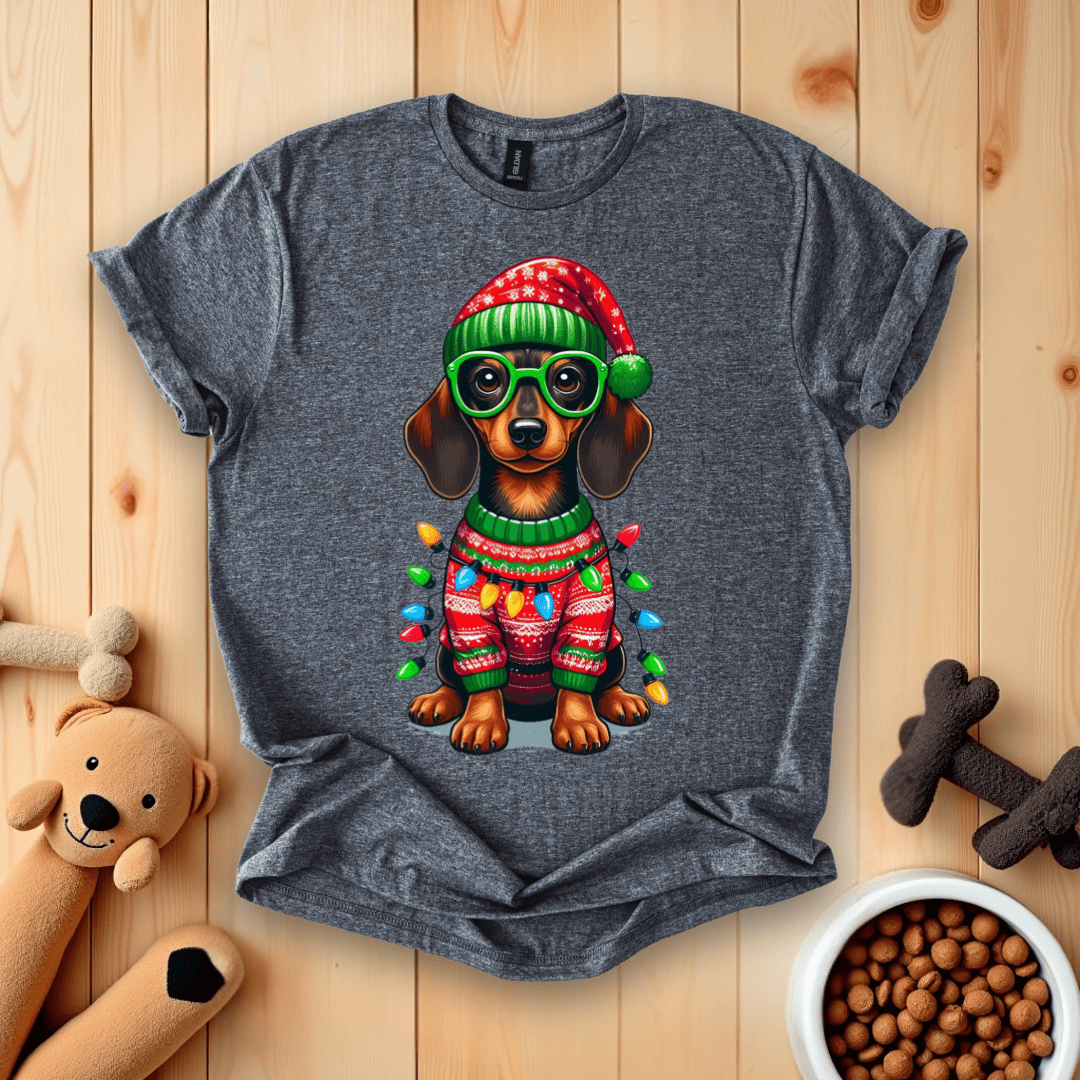 Dark Heather / S Dachshund Dog Christmas T-Shirt