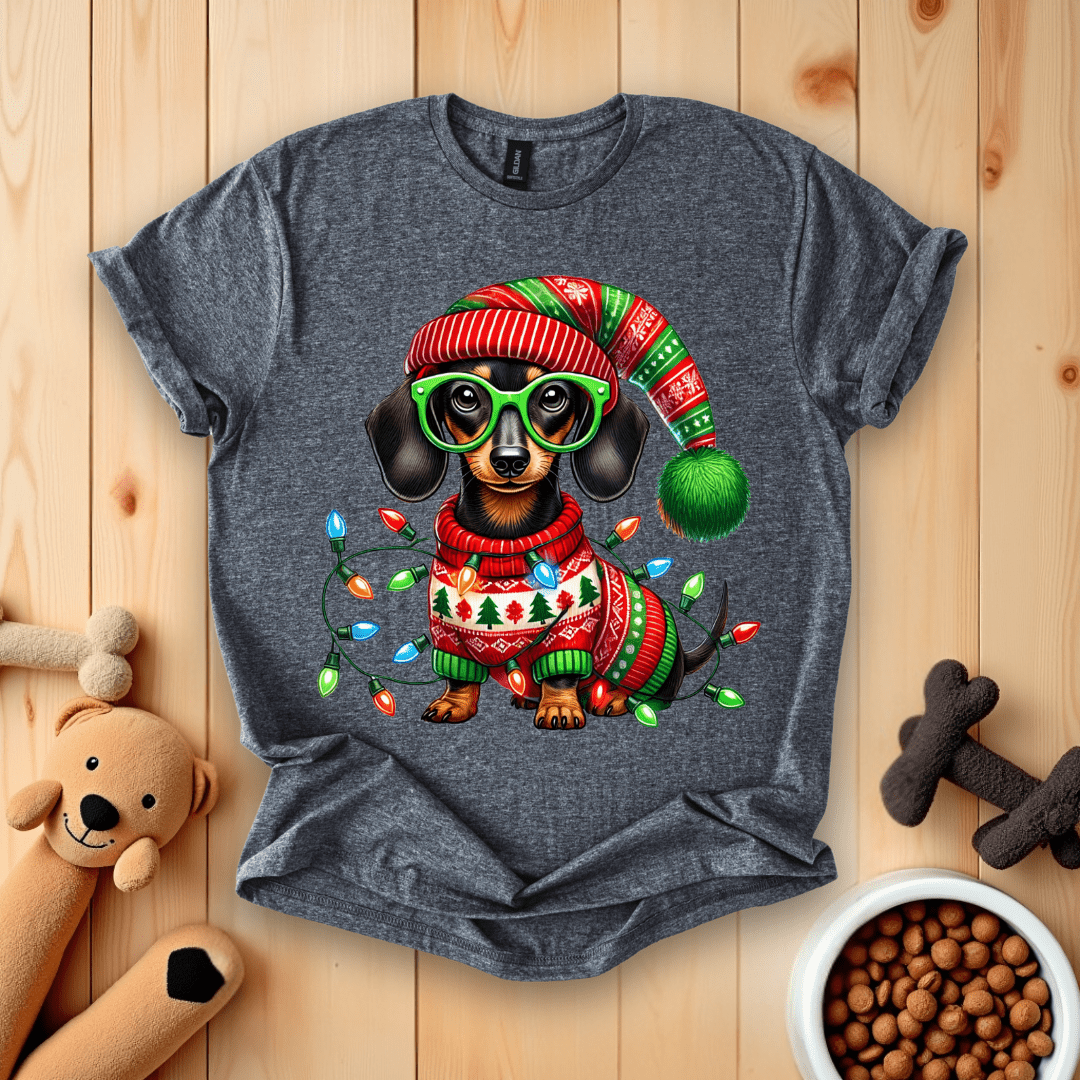 Dark Heather / S Dachshund Dog Christmas T-Shirt