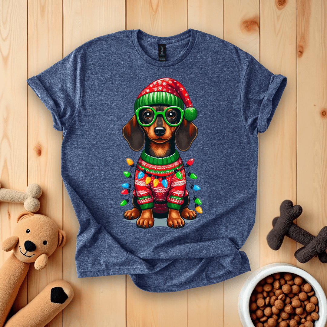 Heather Navy / S Dachshund Dog Christmas T-Shirt