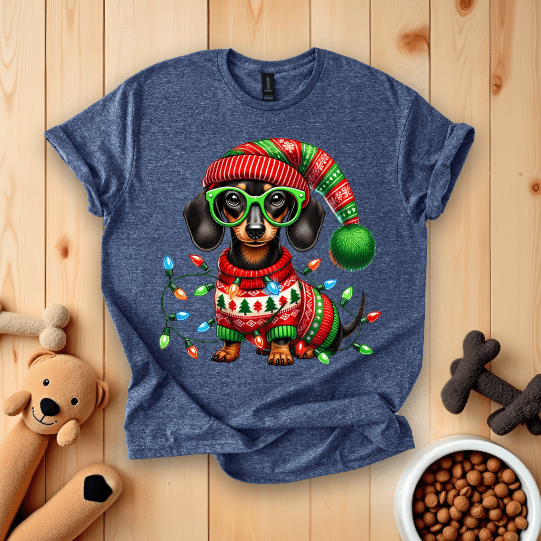 Heather Navy / S Dachshund Dog Christmas T-Shirt