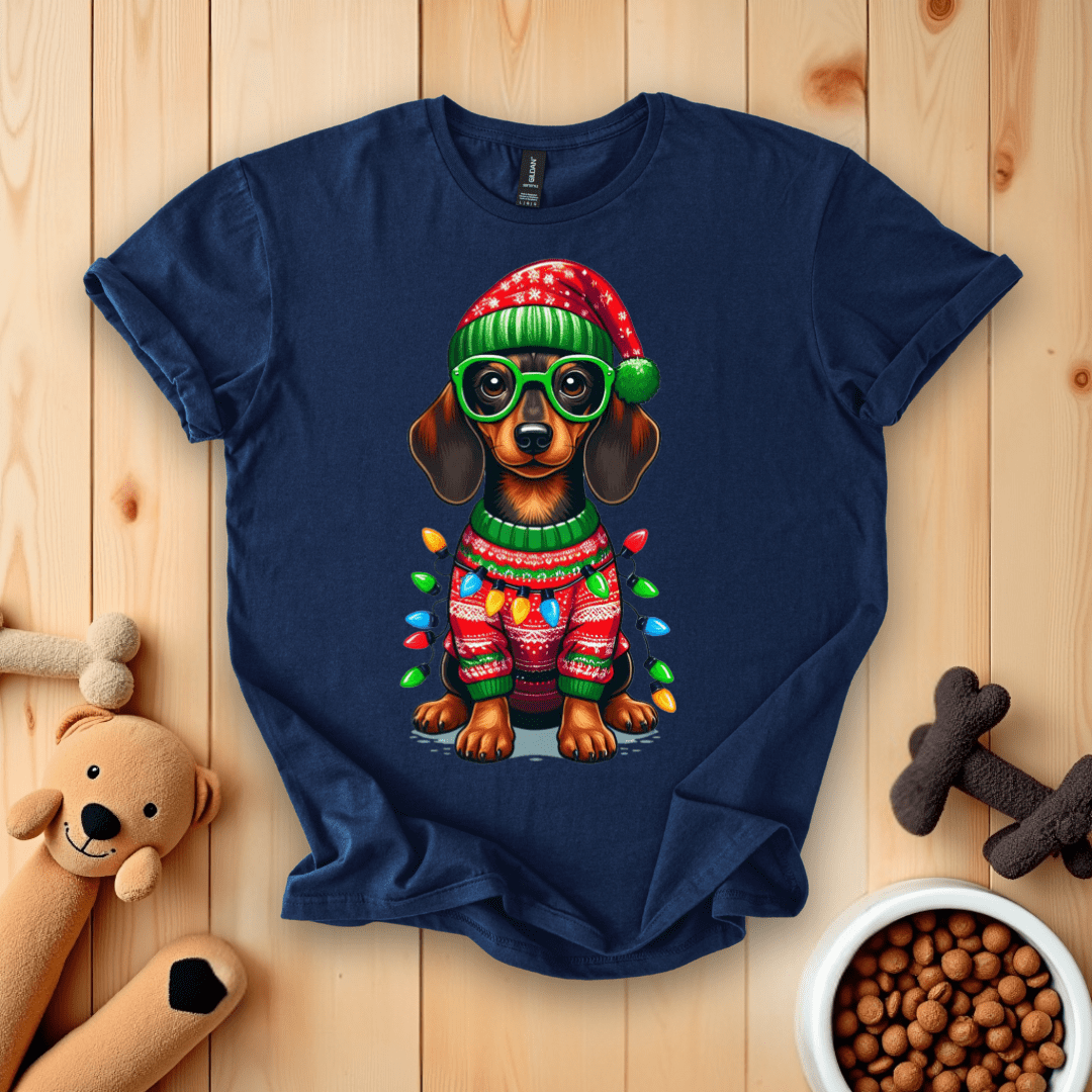 Navy / S Dachshund Dog Christmas T-Shirt