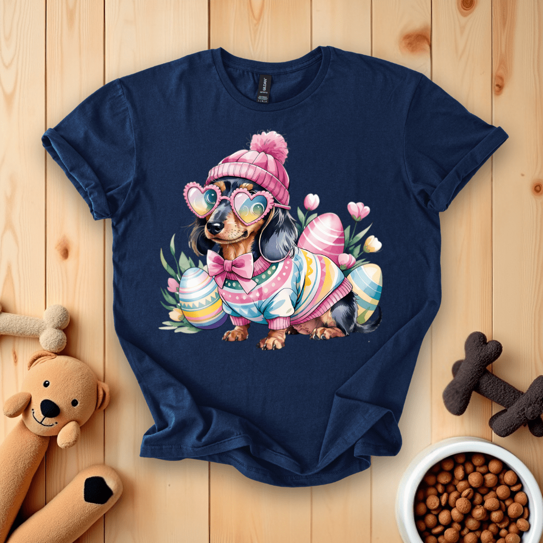 Navy / S Dachshund Dog Happy Easter T-Shirt