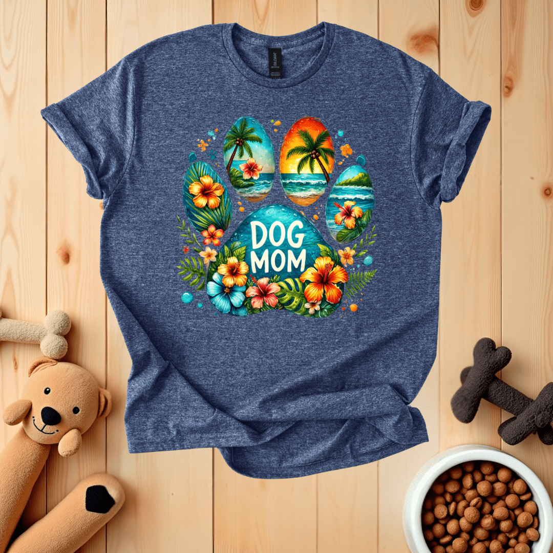 Heather Navy / S Dog Mom Hawaiian Paw T-Shirt