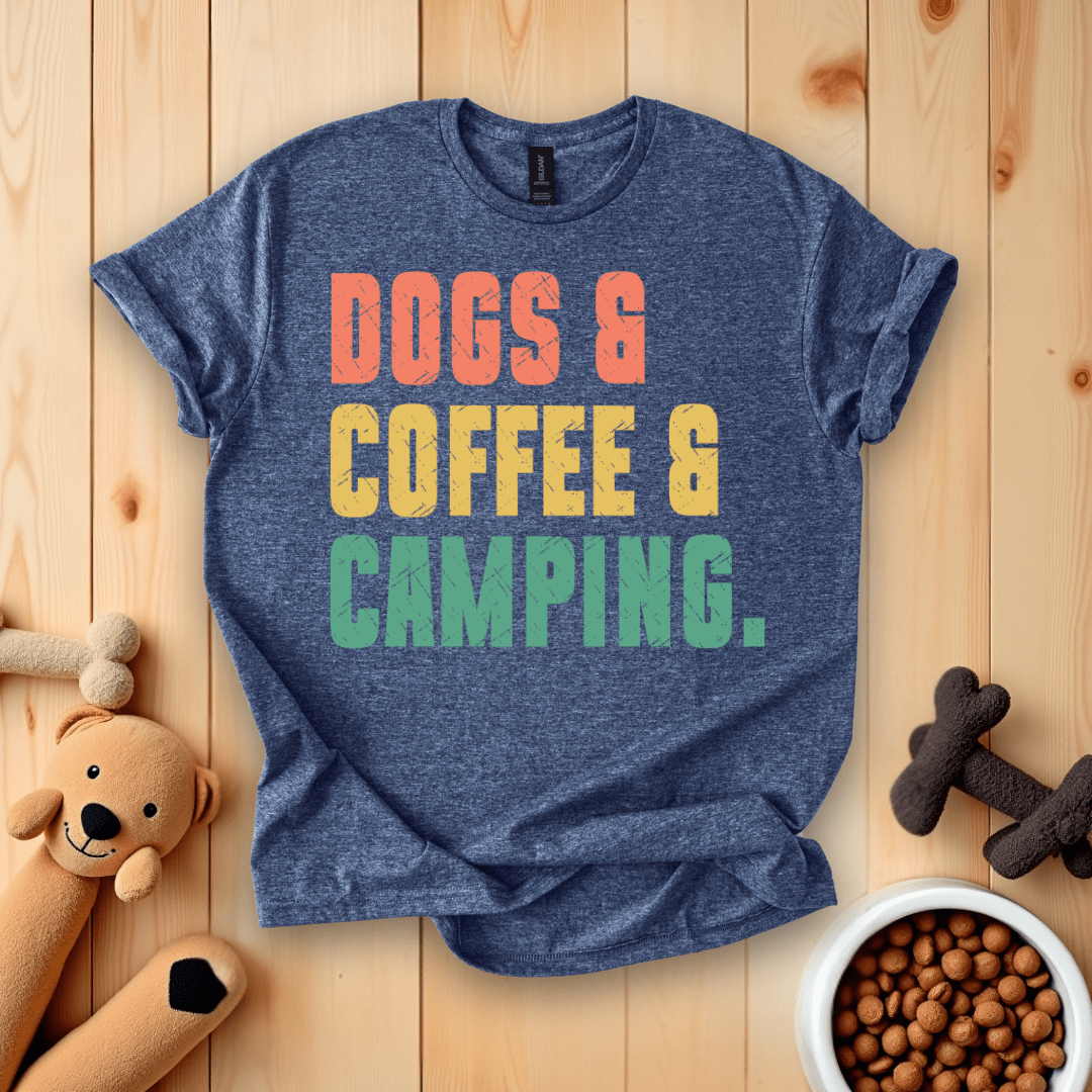 Heather Navy / S Dogs & Coffee & Camping T-Shirt