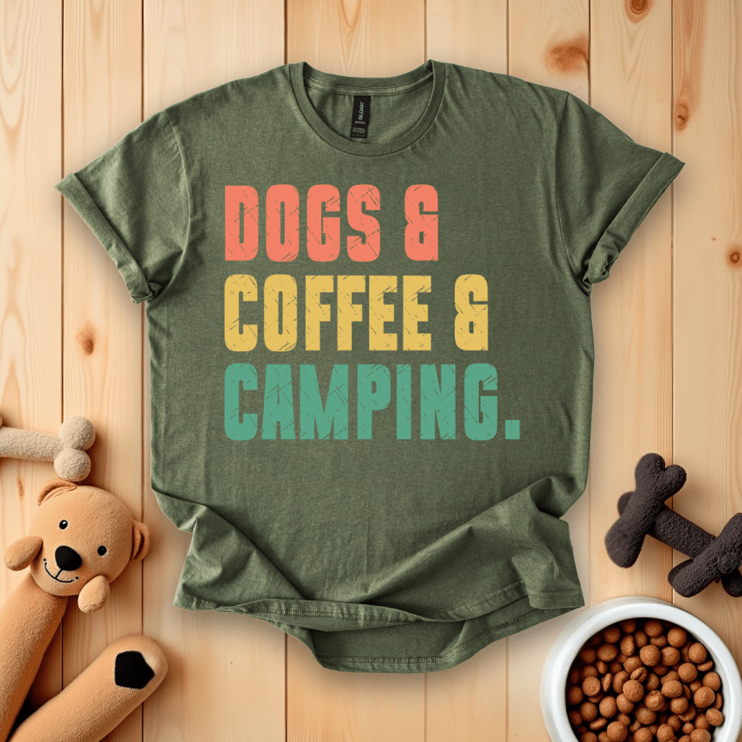 Military Green / S Dogs & Coffee & Camping T-Shirt