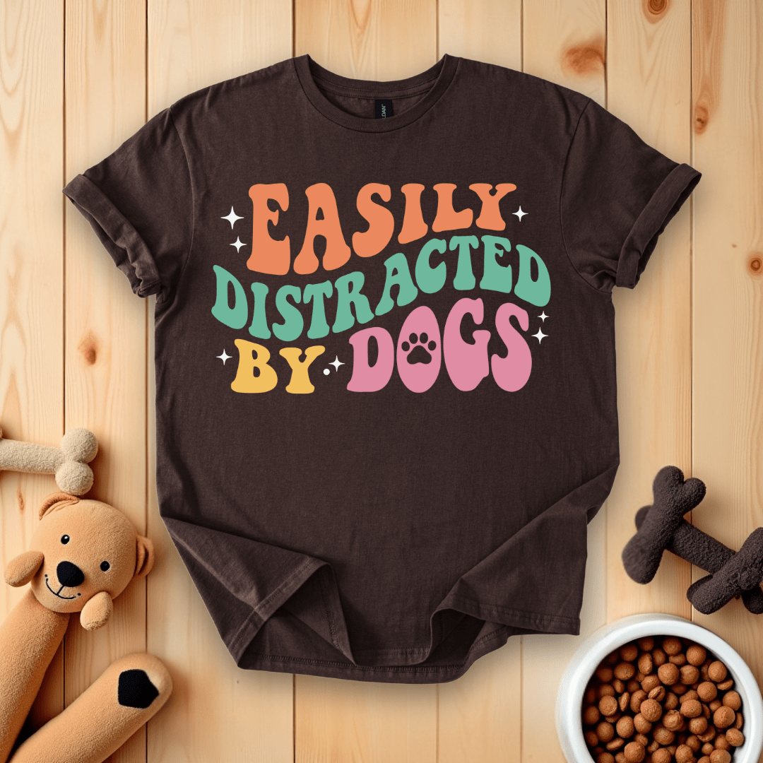 Dark Chocolate / S Easily Distracted By Dogs Groovy Retro T-Shirt