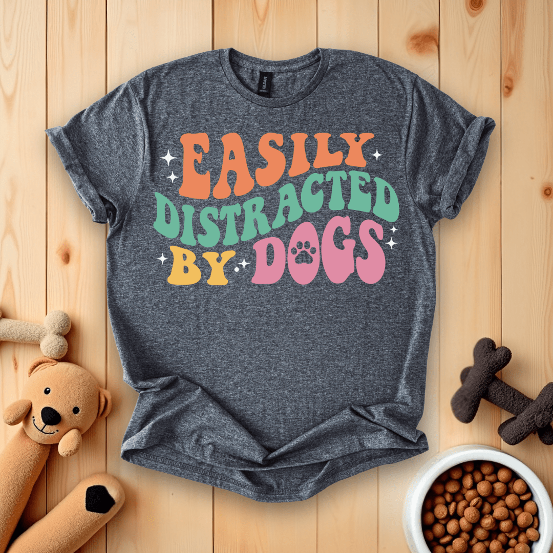 Dark Heather / S Easily Distracted By Dogs Groovy Retro T-Shirt