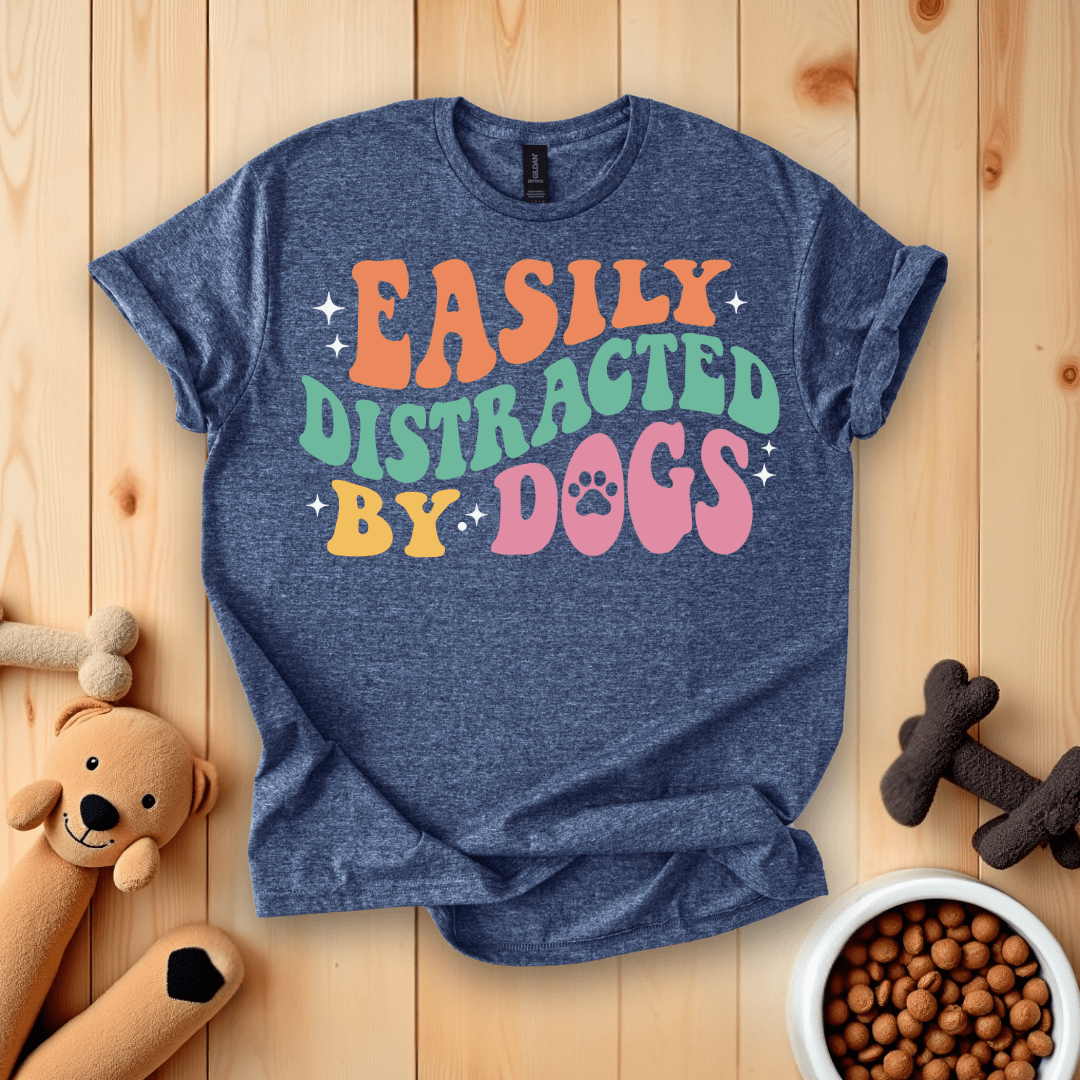 Heather Navy / S Easily Distracted By Dogs Groovy Retro T-Shirt