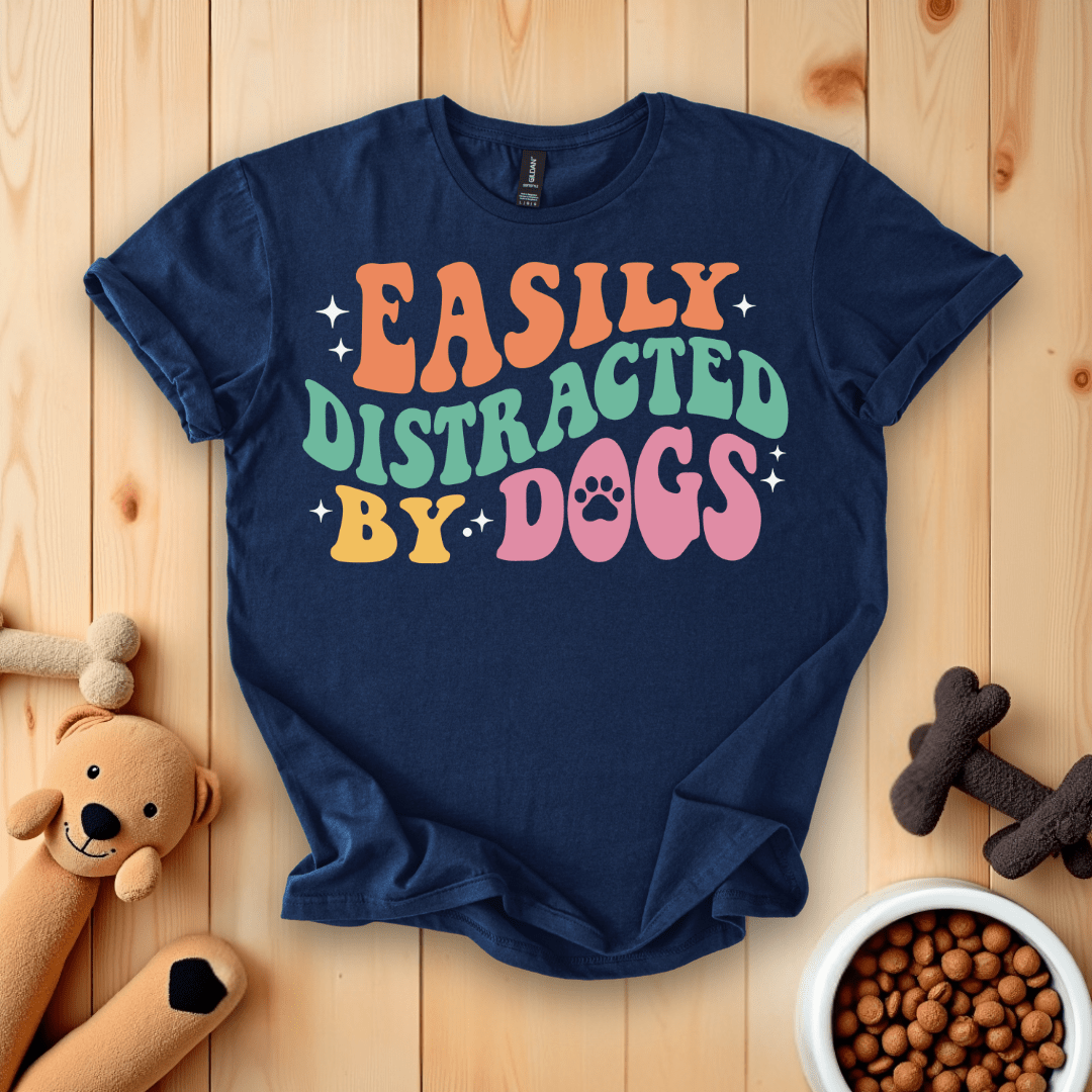 Navy / S Easily Distracted By Dogs Groovy Retro T-Shirt