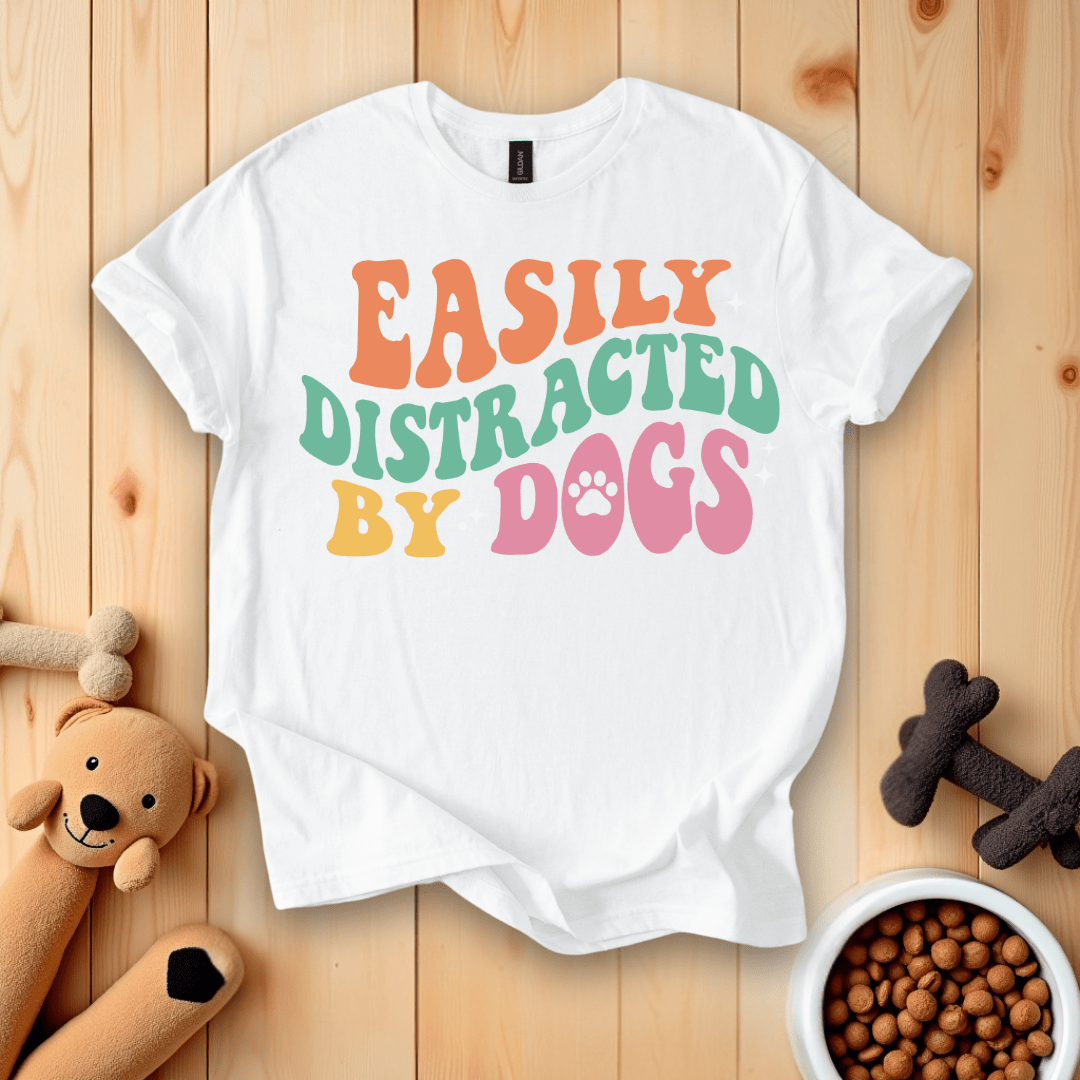White / S Easily Distracted By Dogs Groovy Retro T-Shirt