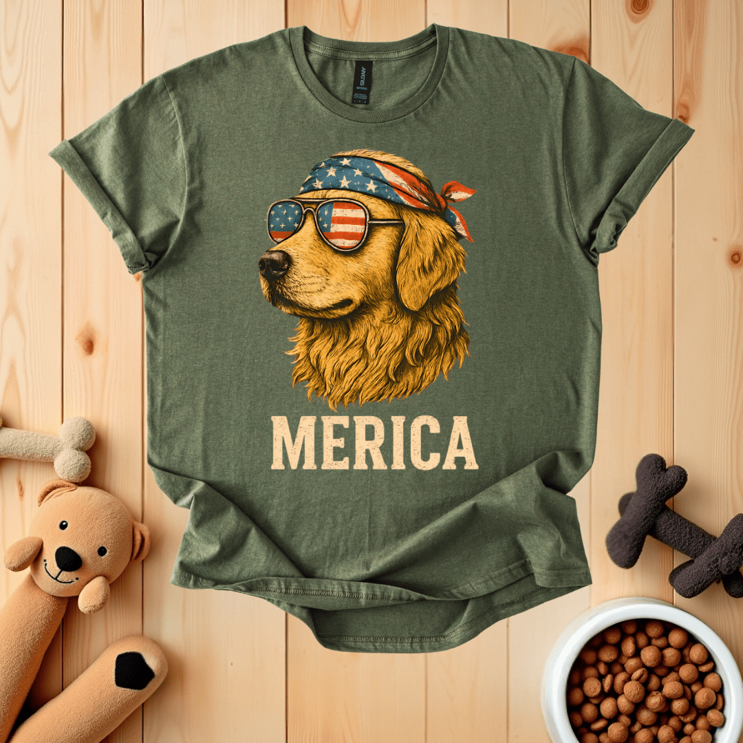 Military Green / S Golden Retriever Merica T-Shirt