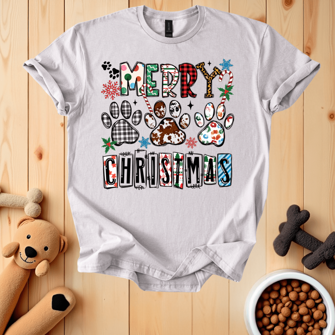 Ice Grey / S Merry Christmas Dog Paws T-Shirt