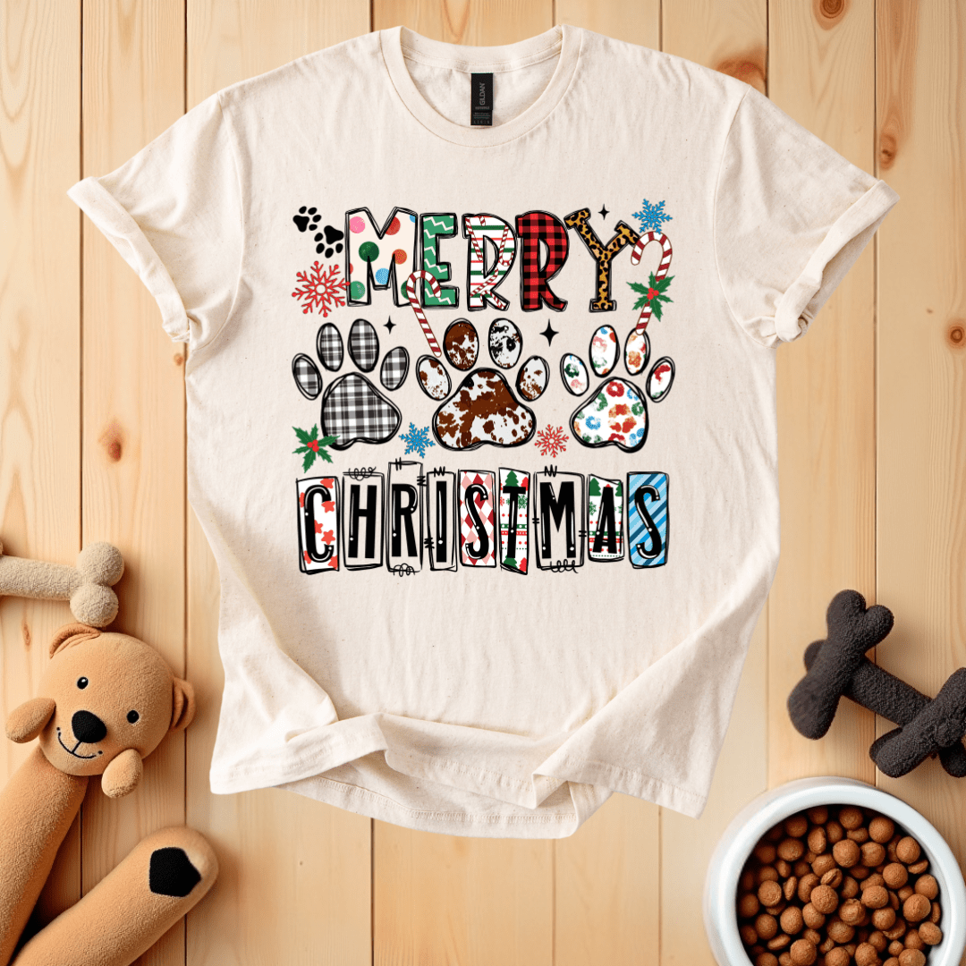 Natural / S Merry Christmas Dog Paws T-Shirt