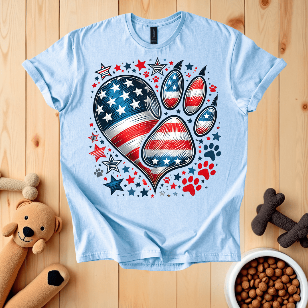 Light Blue / S Patriotic Dog Heart Paw T-Shirt