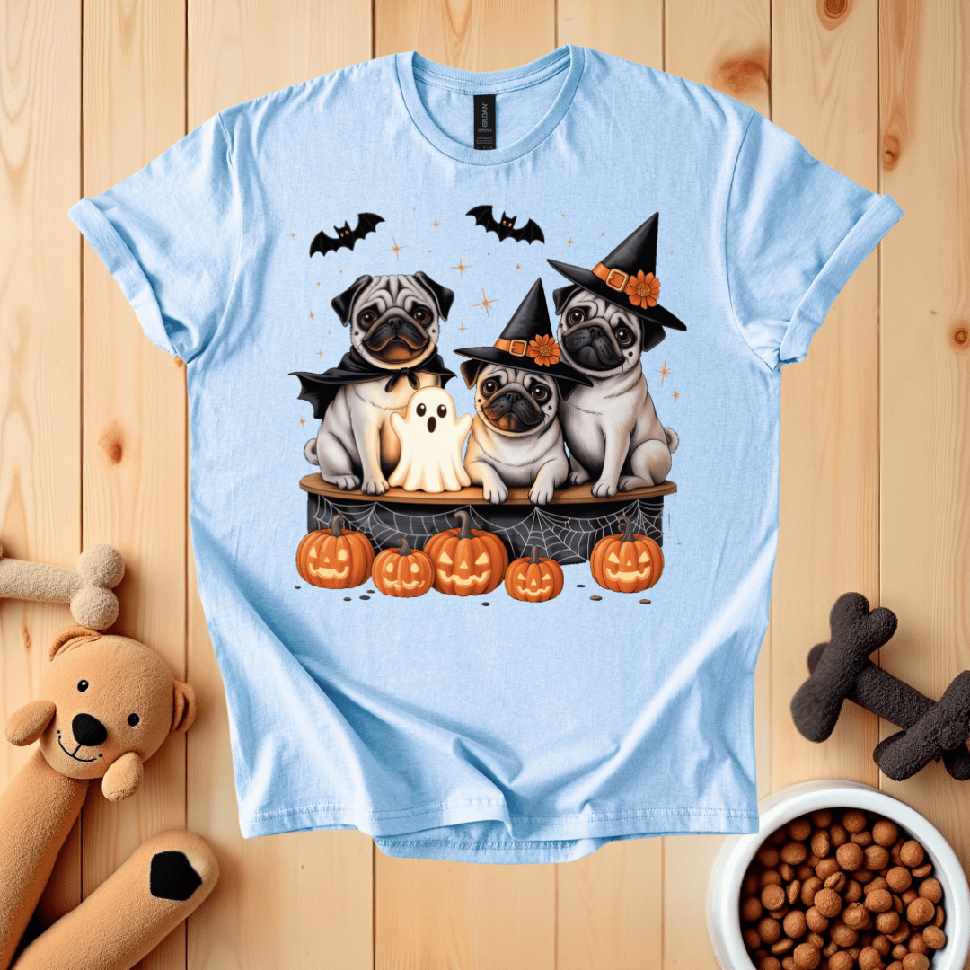 Light Blue / S Pug Dogs Happy Halloween T-Shirt
