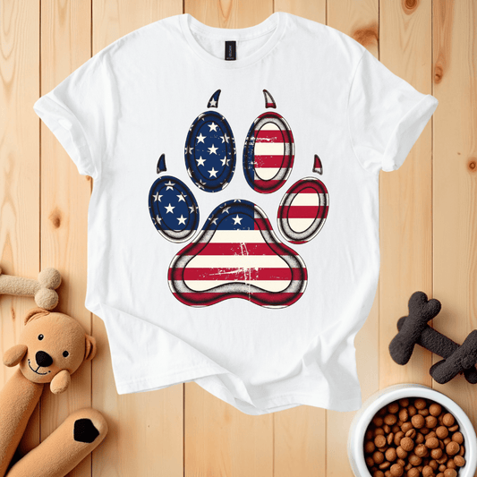 White / S American Flag Dog Paw T-Shirt