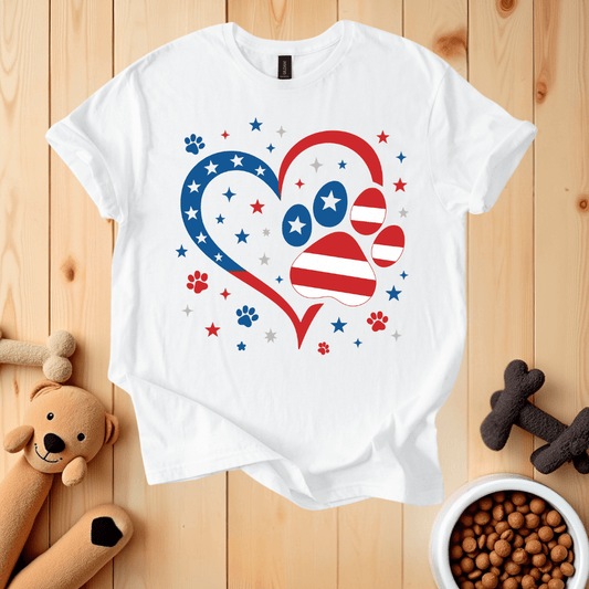 White / S American Flag Heart Dog Paw T-Shirt