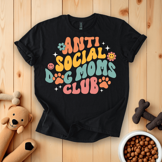 Black / S Anti-Social Dog Moms Club Groovy Retro T-Shirt