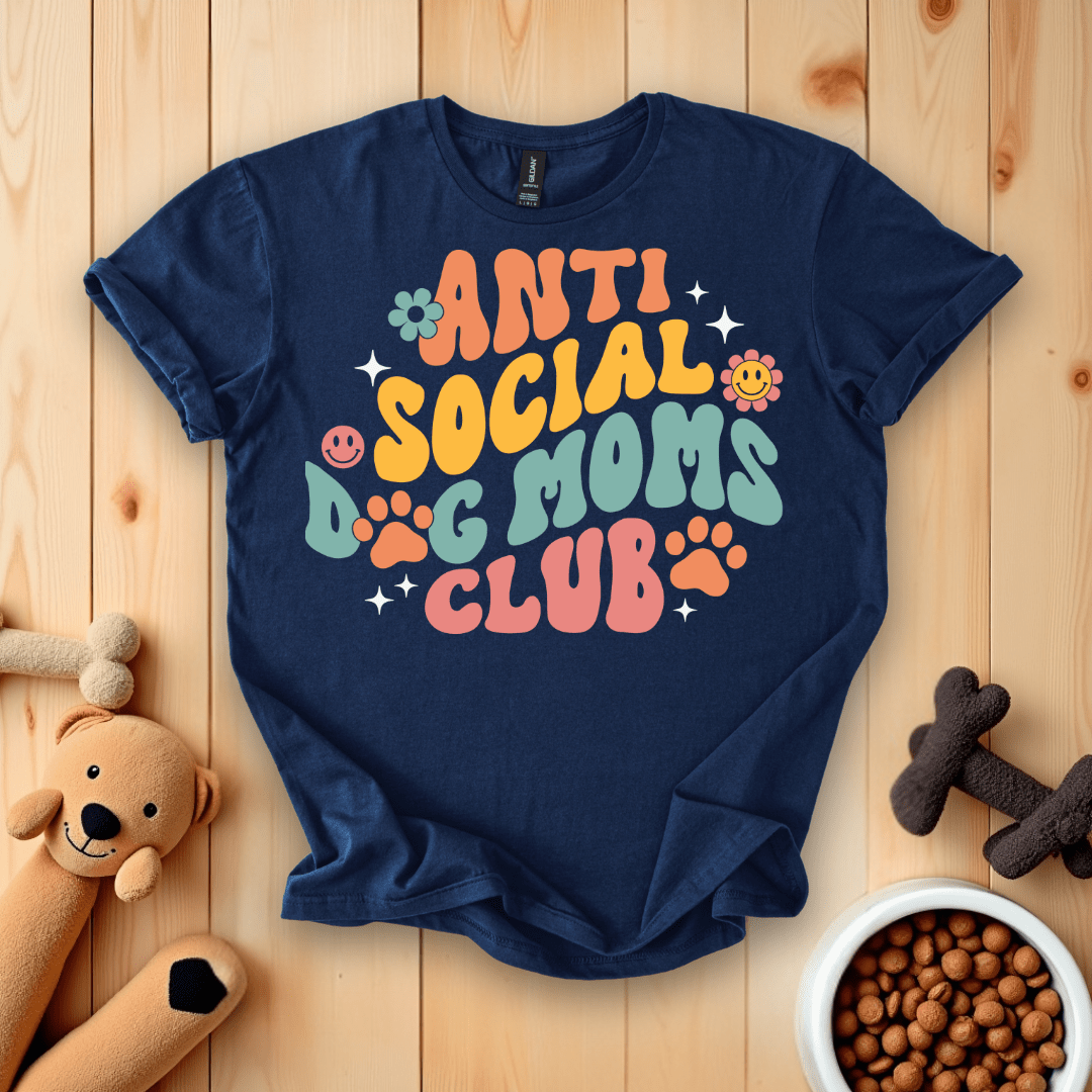Navy / S Anti-Social Dog Moms Club Groovy Retro T-Shirt