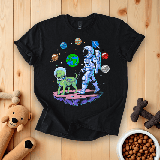 Black / S Astronaut Walking Dog in Space T-Shirt