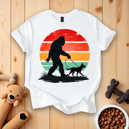 White / S Bigfoot Walking A Dog T-Shirt