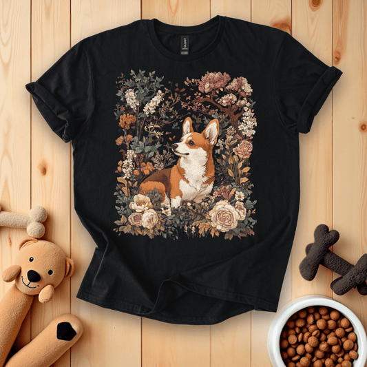 Black / S Corgi Dog Boho Floral T-Shirt