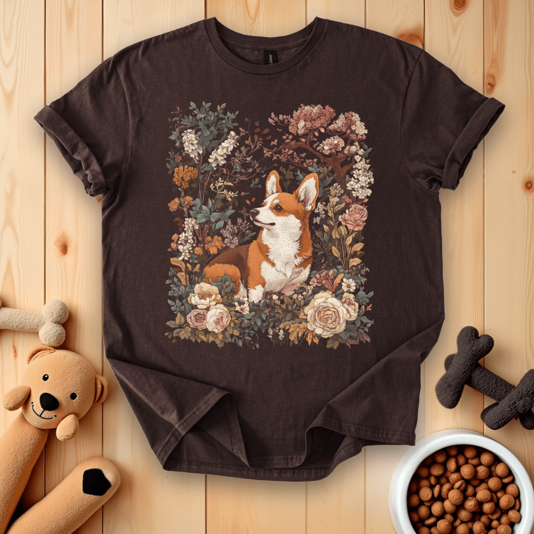 Dark Chocolate / S Corgi Dog Boho Floral T-Shirt