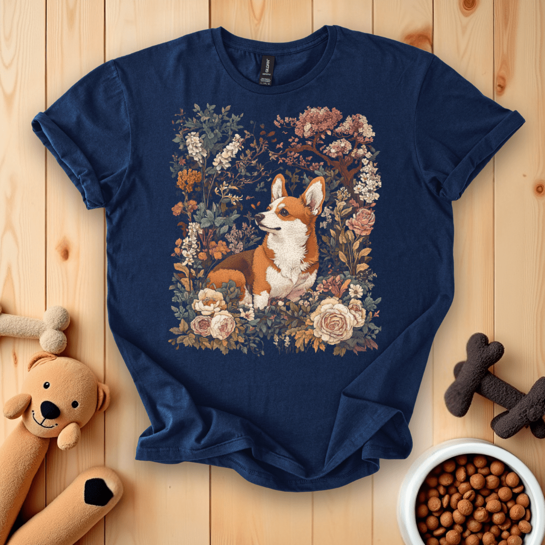 Navy / S Corgi Dog Boho Floral T-Shirt
