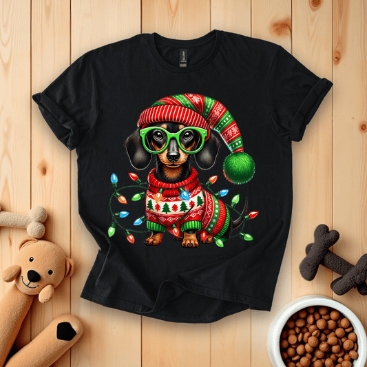 Black / S Dachshund Dog Christmas T-Shirt