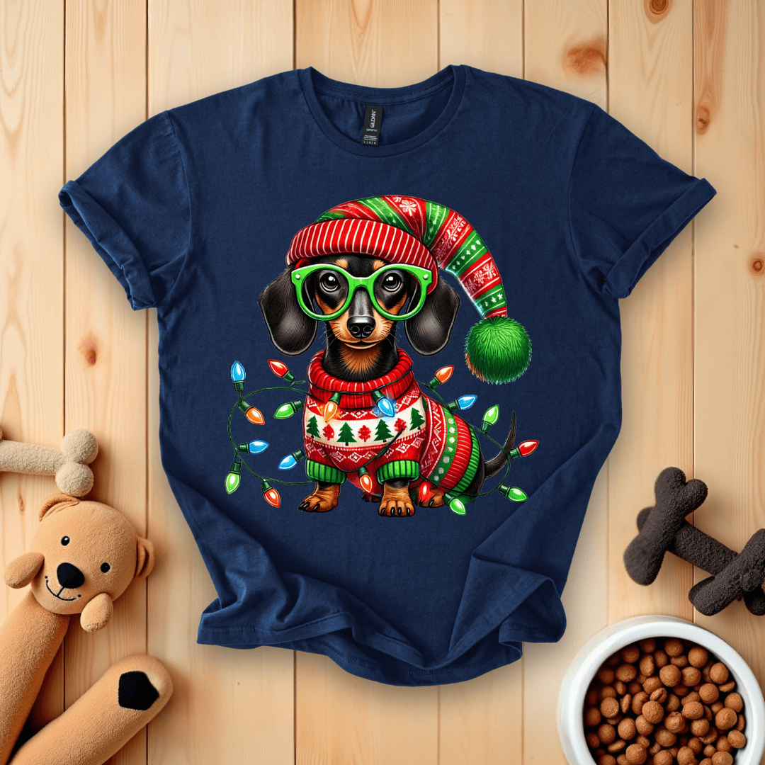 Navy / S Dachshund Dog Christmas T-Shirt