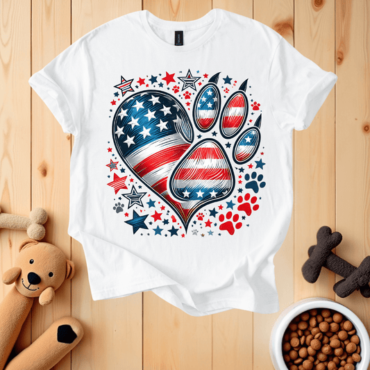 White / S Patriotic Dog Heart Paw T-Shirt