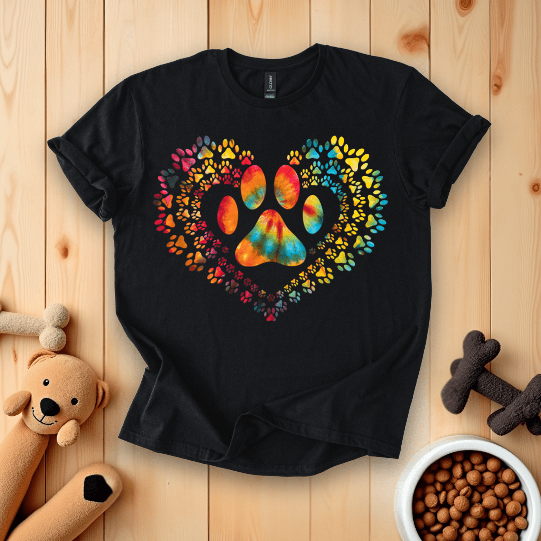 Black / S Tie Dye Love Dog Paw Print Heart T-Shirt