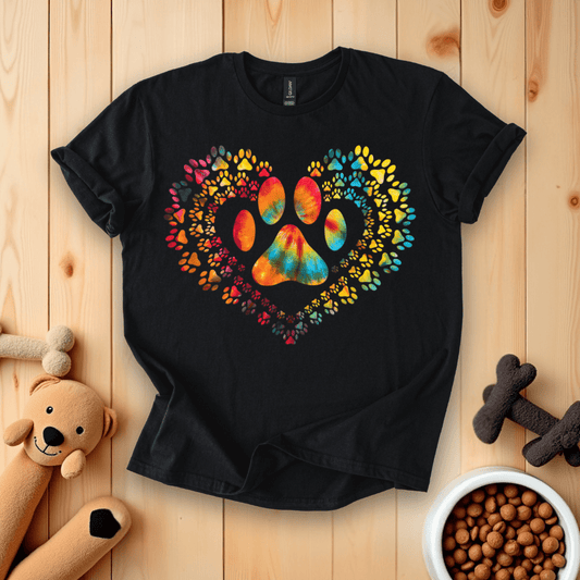 Black / S Tie Dye Love Dog Paw Print Heart T-Shirt